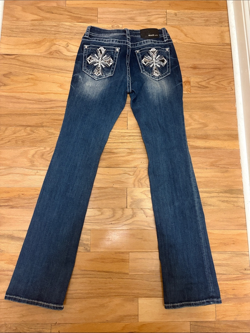 Vintage y2k Grace Dark Blue Bootcut Jeans with Embroidered Back Pockets